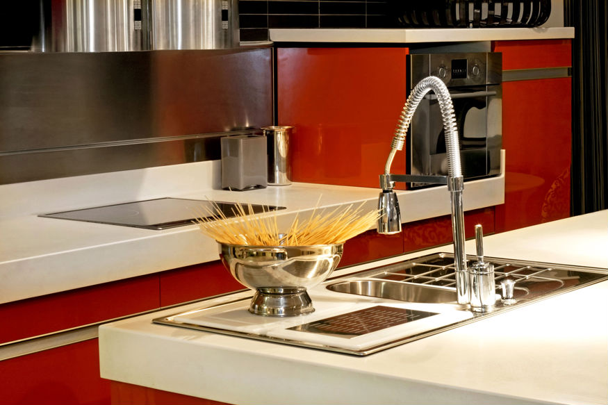white quartz on red cabinets
